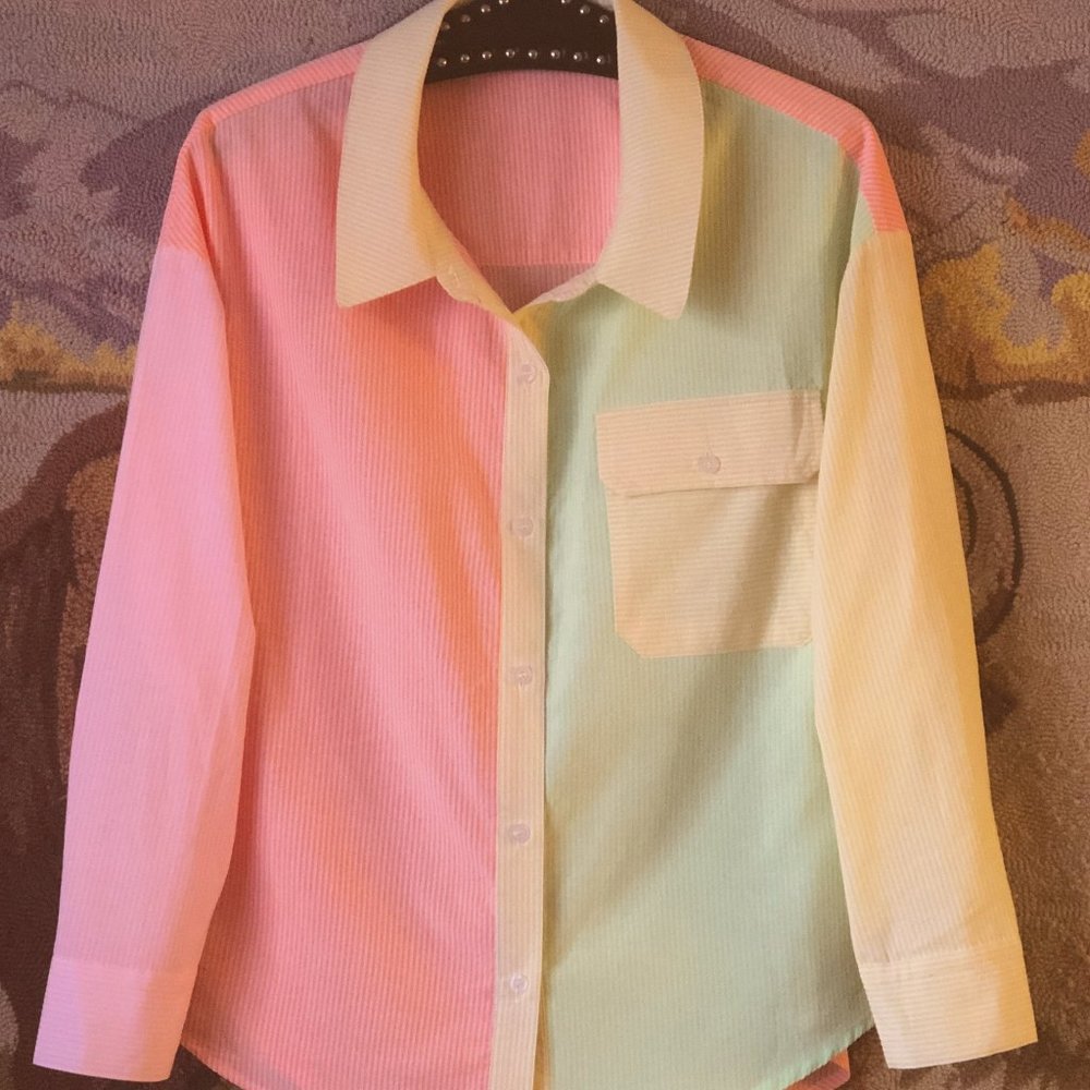 NEW Krush Sz S Womens Blouse Shirt Long Sleeve Striped Neon Orange/Green/Yellow